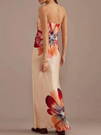 Strapless Straight Neck Floral Print Satin Column Maxi Slip Dress