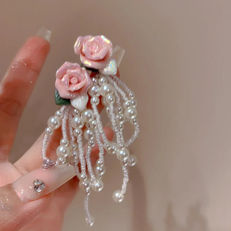 Korean Fashion Pink Flower Pearl Tassel Earrings for Women Luxury Fairy Jewelry