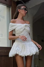 Off-Shoulder Pleated Sleeveless A-Line Mini Dress with High Waist