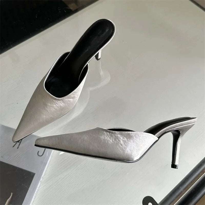 Spring Satins Pointed Toe Slippers Woman Thin Heels