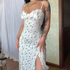 Floral Lace Trim Sweetheart Spaghetti Strap High Slit Slip Midi Dress