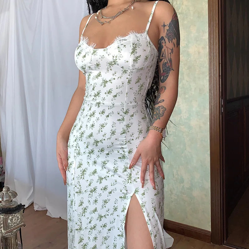 Floral Lace Trim Sweetheart Spaghetti Strap High Slit Slip Midi Dress