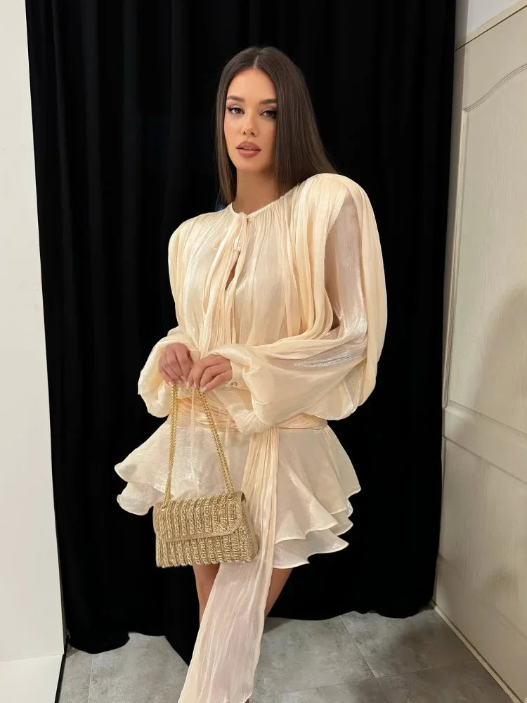 Metallic Pleated Balloon Sleeve Tie Neck Ruffled Hem Two-Piece Set