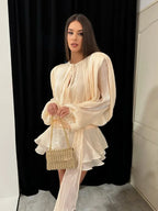 Metallic Pleated Balloon Sleeve Tie Neck Ruffled Hem Two-Piece Set