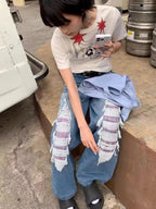 Jeans With Contrasting Plaid Holes And Splicing High-Waisted Women'S Summer American High Street Loose Slimming Wide-Leg Pants