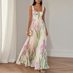 Square Neck Belted Accordion Pleat Floral Print Maxi Dress