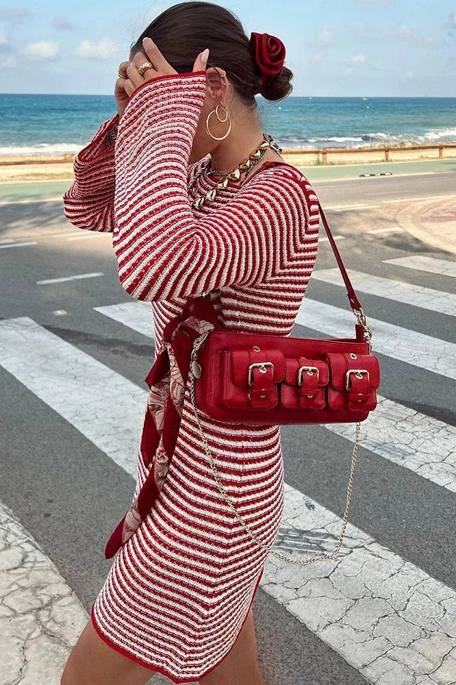 Striped Flare Sleeve Mini Dress with High Waist