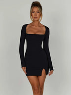 Square Neck Long Sleeve Thigh Slit Bodycon Mini Dress