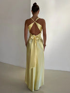 Plunging V-Neck Twisted Knot Bust Satin Bias Cut Maxi Gown