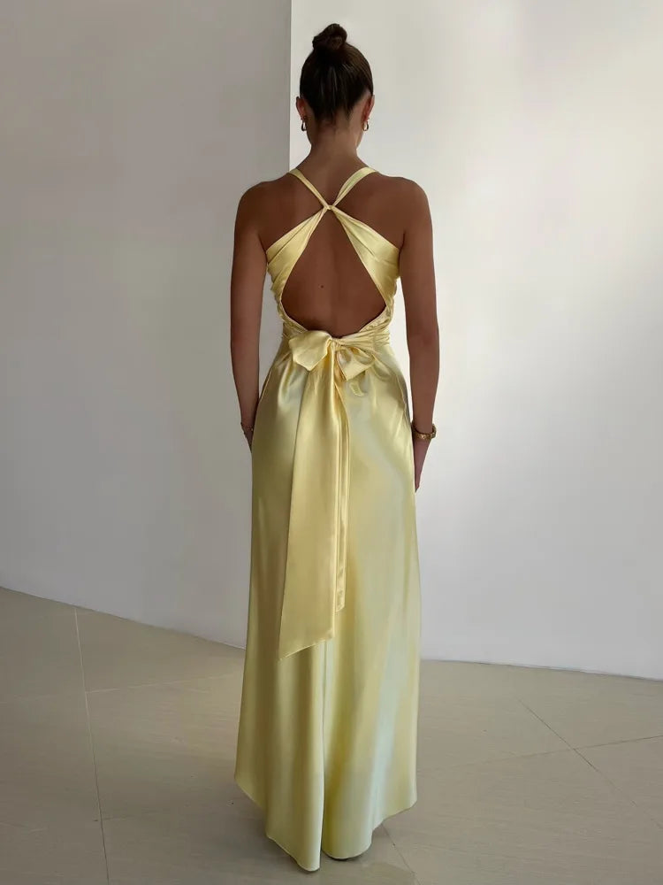 Plunging V-Neck Twisted Knot Bust Satin Bias Cut Maxi Gown
