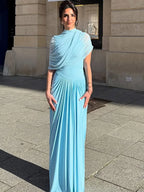 Mock Neck Draped Wrap Cape Overlay Sunray Pleated Maxi Dress
