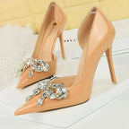 Nude Rhinestone Bowknot High Heels Patent Leather Women Pumps