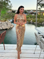 Zebra Stripe Print Halter Neck Backless Bodycon Maxi Dress