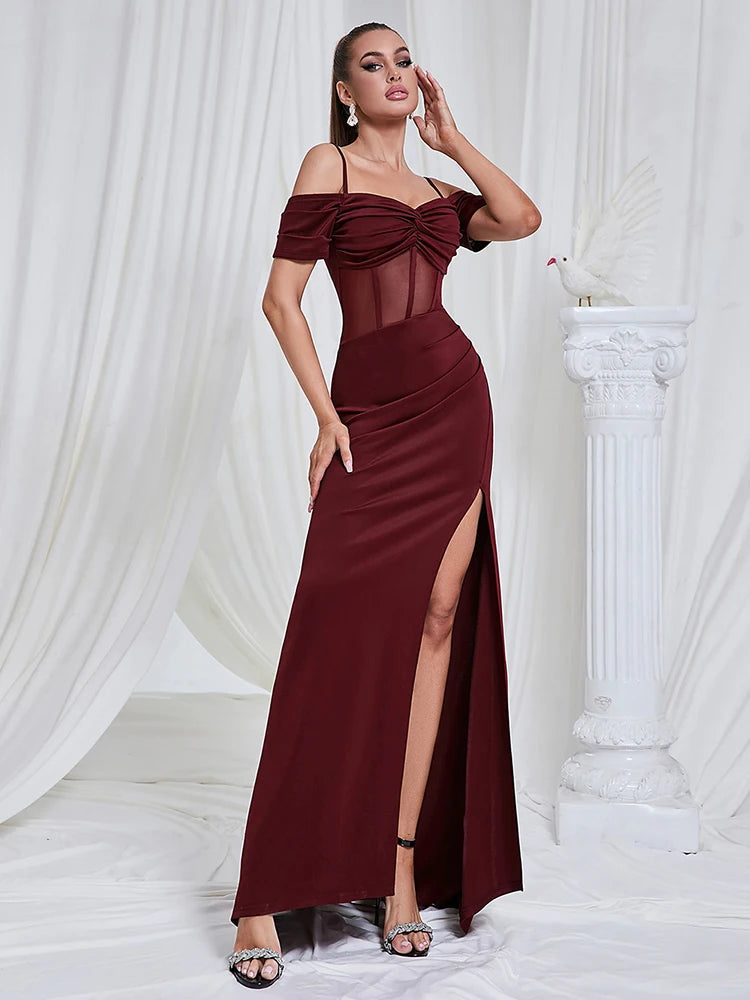 Maricia Burgundy Off Shoulder Mesh Patchwork Gown
