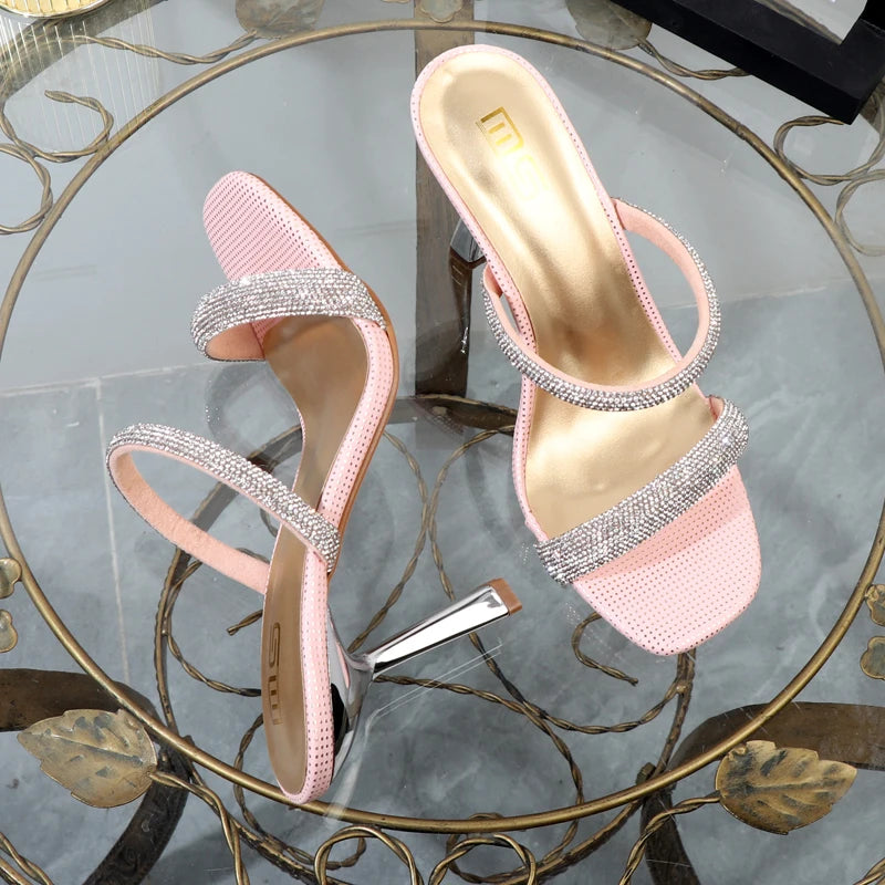 Wave point rhinestone slippers with 9.5CM high heels, open toe, perfect for outdoor wear.