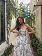 Strapless Corset Bodice Floral Ribbon Print Ball Gown Maxi Dress