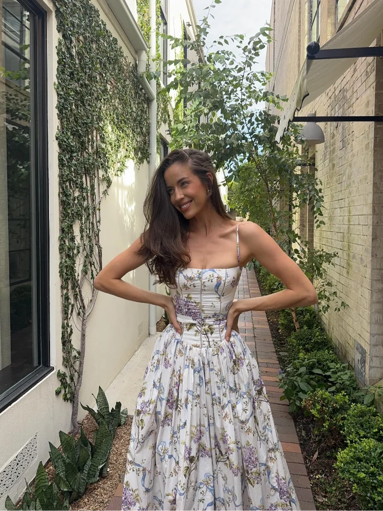 Strapless Corset Bodice Floral Ribbon Print Ball Gown Maxi Dress