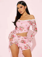 Floral Lace Off Shoulder Long Sleeve Crop Top Mini Skirt Set
