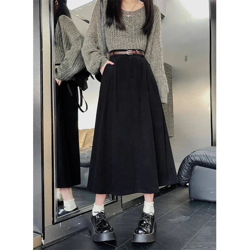 AmyVictoria | Classic Belt Corduroy Midi Skirt