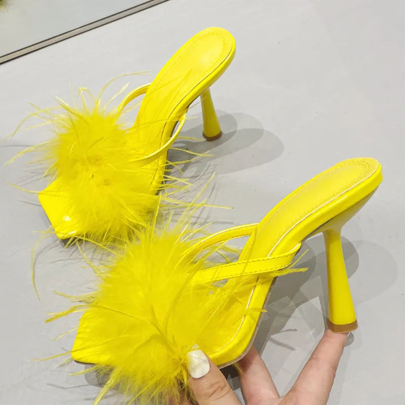 Yellow Fluffy Furry Women's High Heel Slippers Mules for Summer Fashion