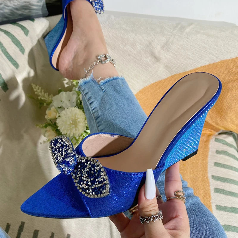 Glitter Rhinestones Bowknot Wedges Slippers for Women