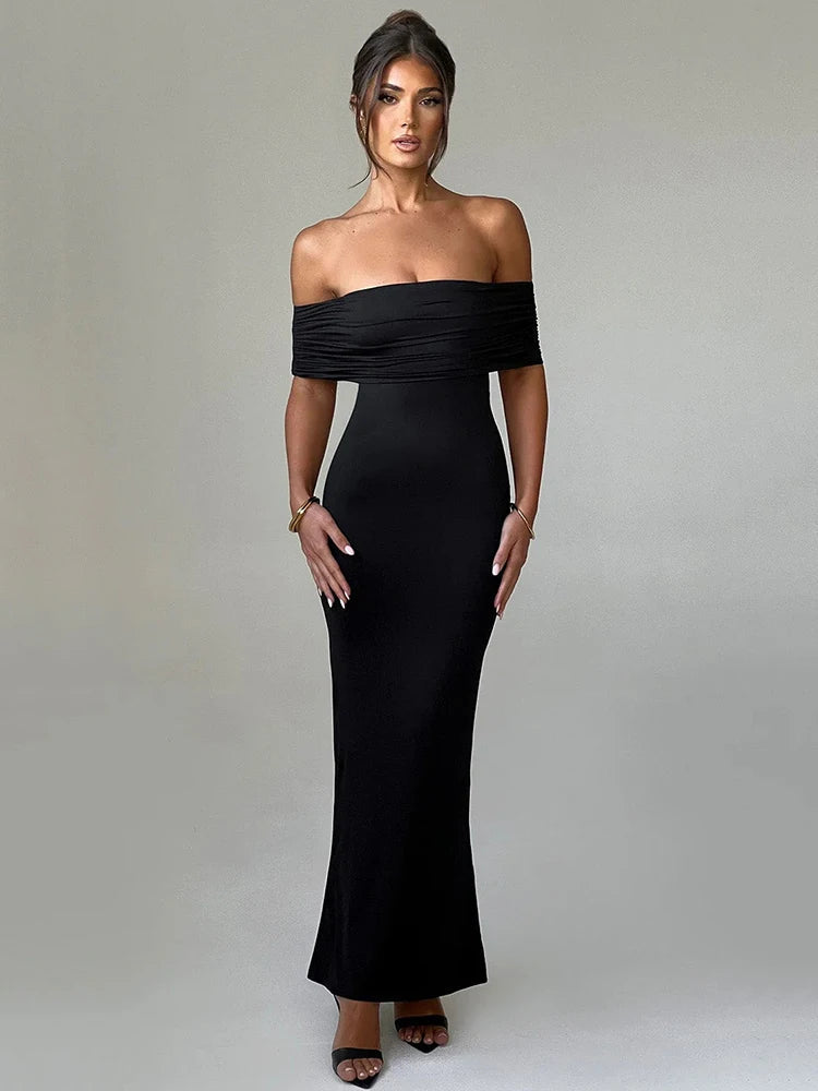 Off Shoulder Horizontal Ruched Band Column Maxi Mini Dress