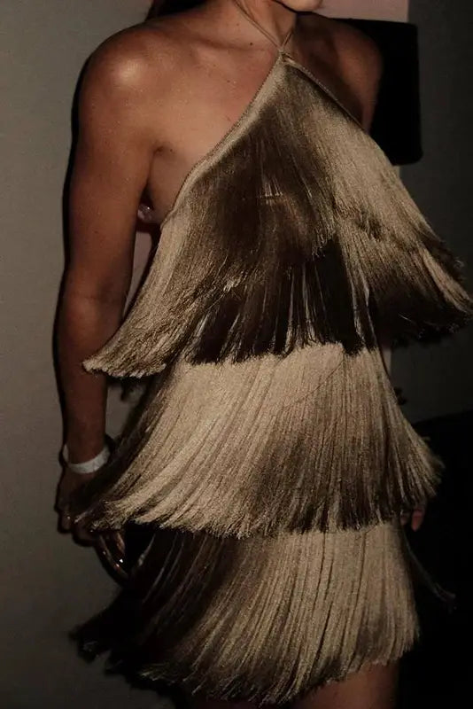 Halter Neck Tiered Fringe Metallic Mini Dress