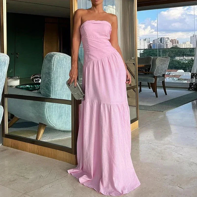 Strapless Tube Bodice High Slit Column Maxi Dress