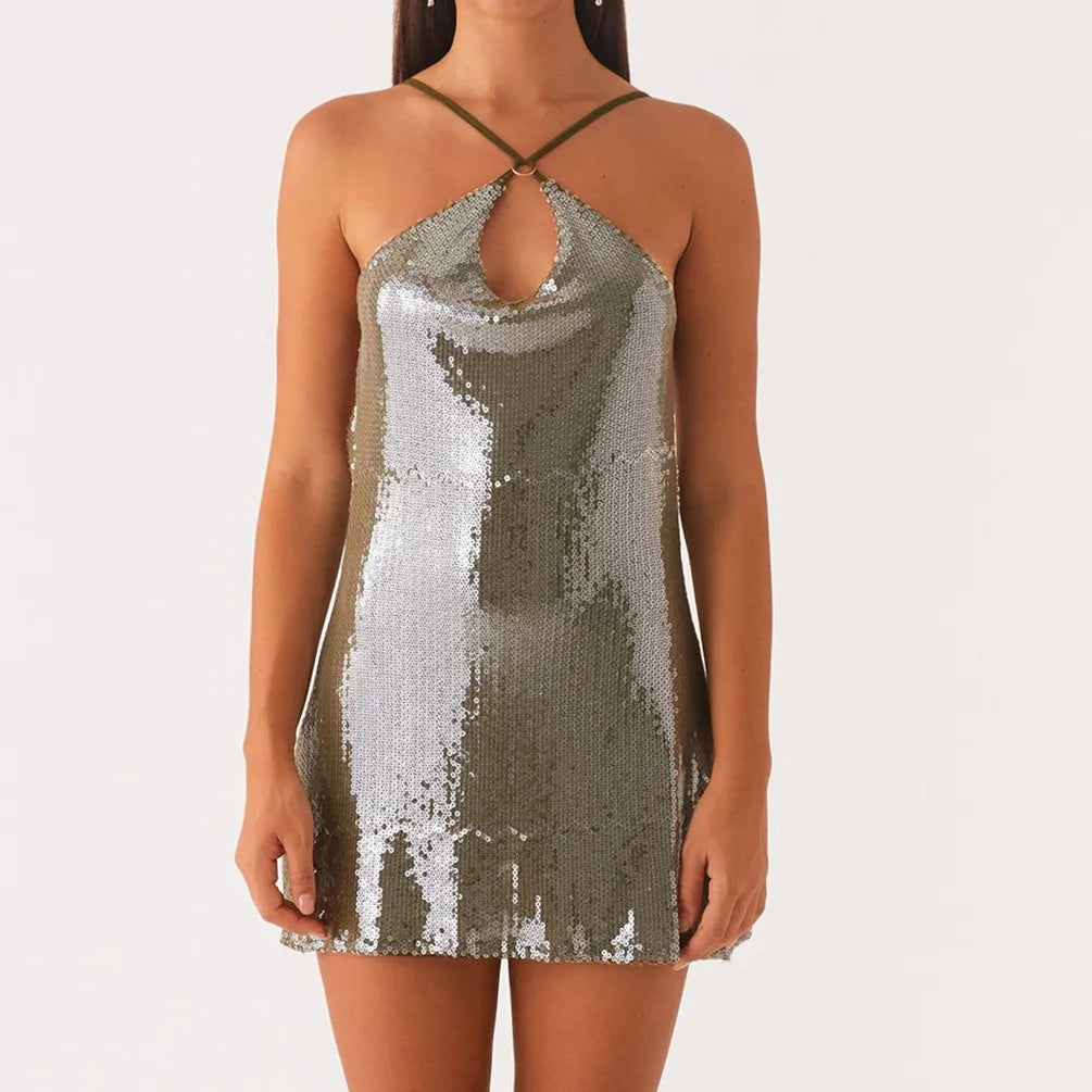 Sequin Halter Ring Keyhole Criss Cross Strap Mini Dress