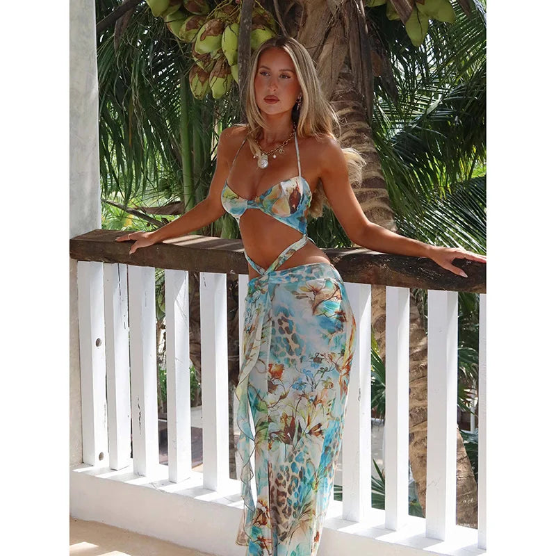 Print Deep V-Neck Metal Ring Waist Cut Out Bodycon Maxi Dress
