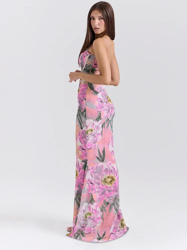 Corset Boning Floral Print Spaghetti Strap Bodycon Maxi Dress