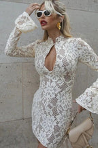 Slim Fit Patchwork Mini Dress with Long Sleejsons and High Waist
