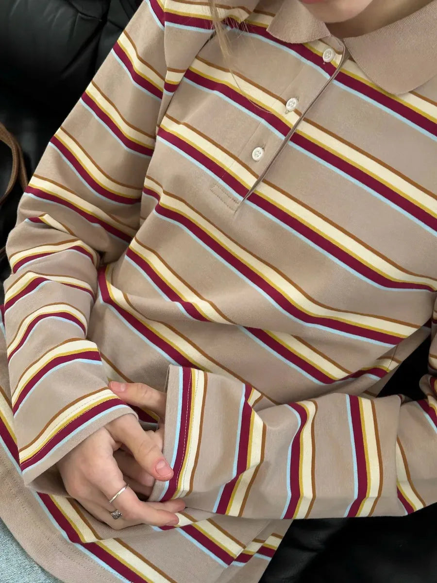 Spring Summer New Women's Retro Striped Polo Collar Oversized Long Sleeve T - Shirt Trendy Casual Loose Basic Top