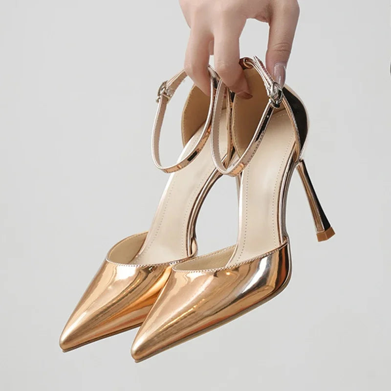 Sexy Patent Leather Pointed Toe Women Pumps with Buckle Strap and Thin High Heels