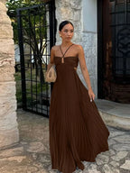 Halter Criss Cross Keyhole Pleated Tiered Ruffle Hem Maxi Dress