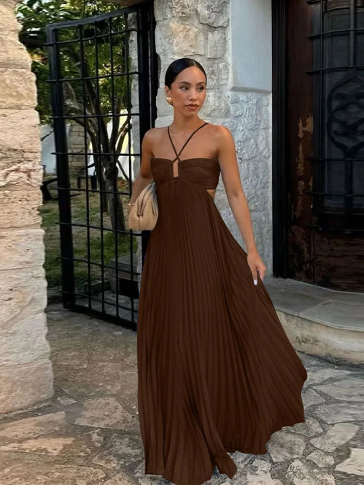 Halter Criss Cross Keyhole Pleated Tiered Ruffle Hem Maxi Dress