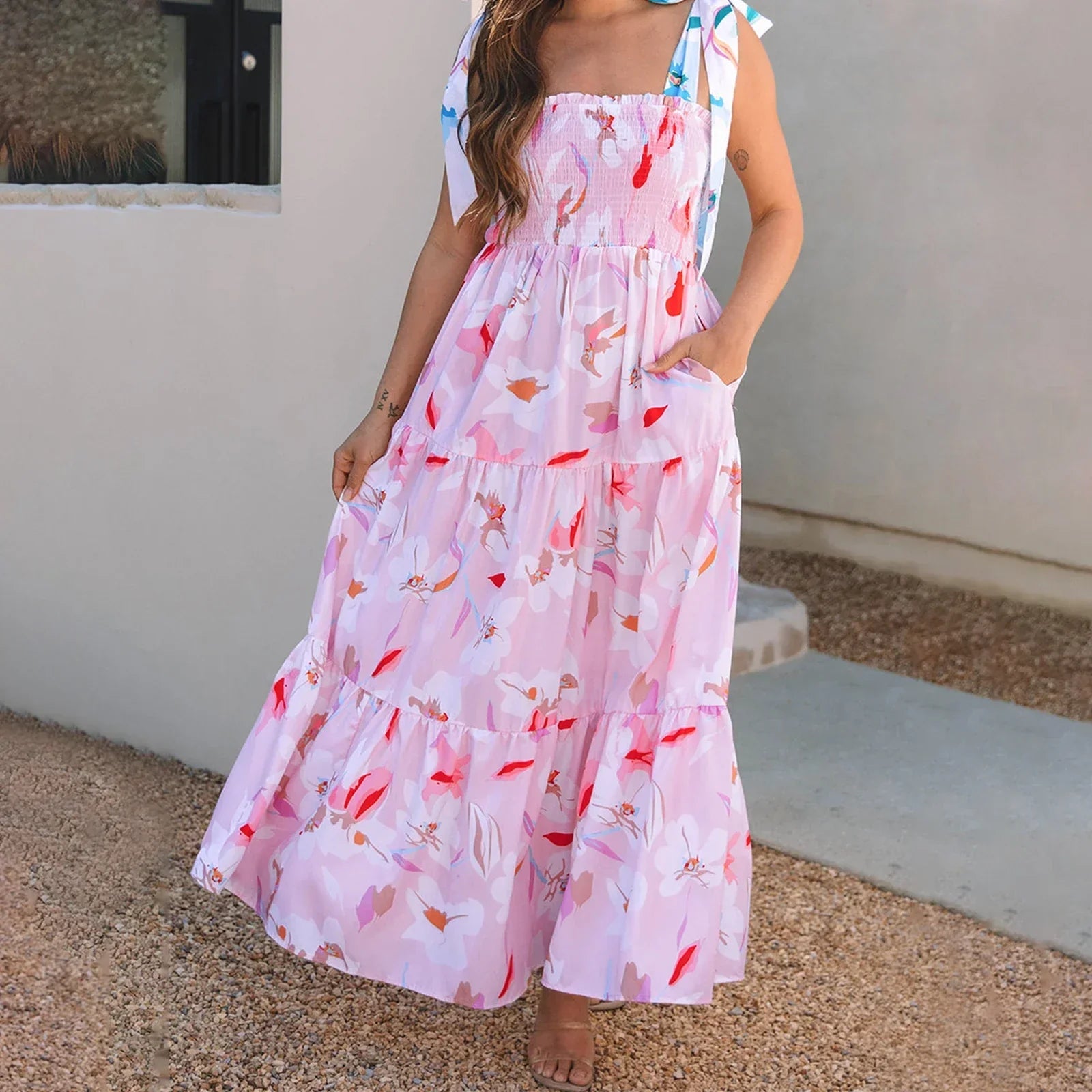 Smocked Square Neck Tie Strap Tiered Floral Maxi Dress