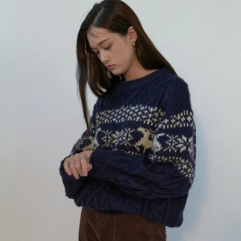 | Patchwork Crew Neck Knitted Sweater for Women