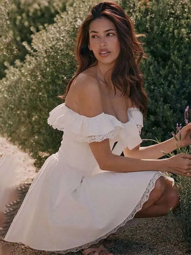 Off Shoulder Ruffle Lace Trim Bow Front Milkmaid Flared Mini Dress