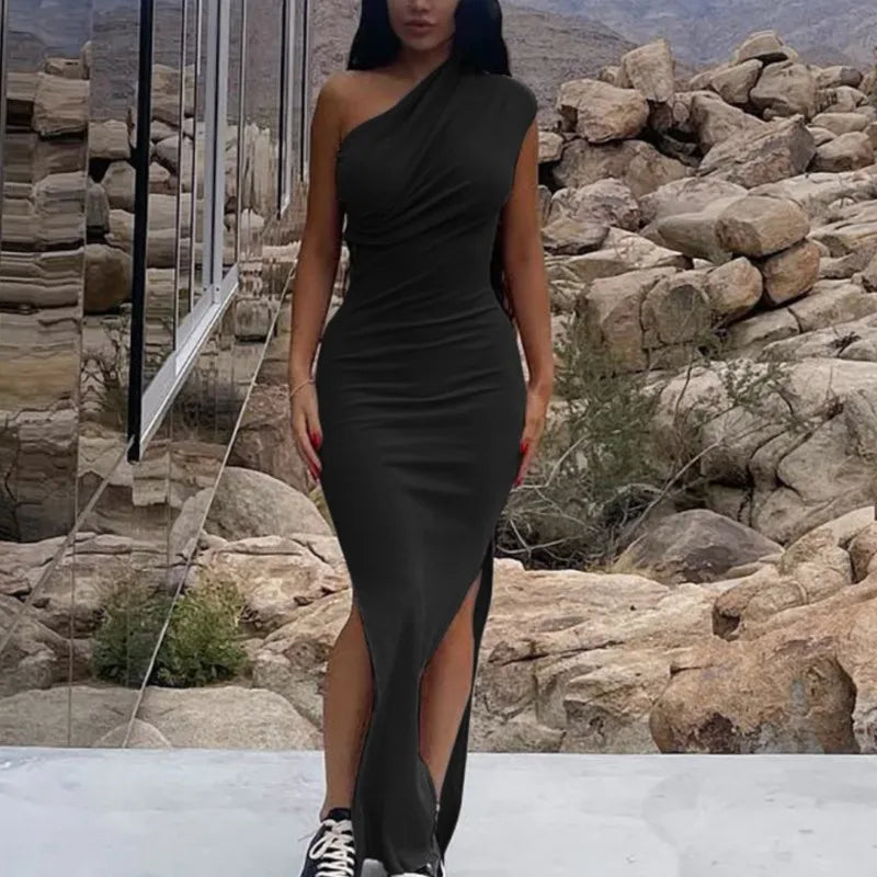 One Shoulder Ribbed Knit Draped High Slit Bodycon Maxi Dress
