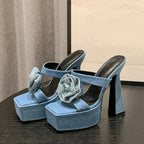Rhinestone Platform Slippers with Crystal Flower Design for Women