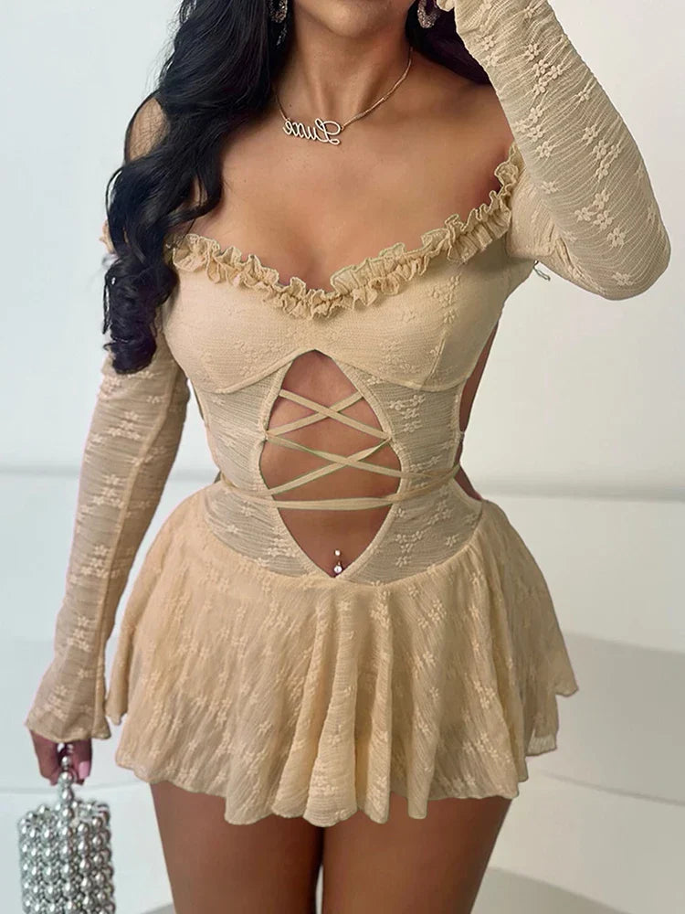 Jacquard Off Shoulder Lace Up Cutout Ruffle Mini Dress