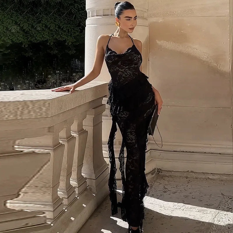 Lace Cowl Neck Spaghetti Strap Tiered Ruffle Bodycon Maxi Dress