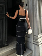 Striped Knit Scoop Neck Open Crochet Panel Midi Dress