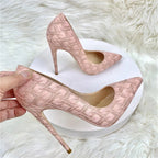 Pink Lace Fabric Pointy Toe High Heel Wedding Bridemaids Shoes