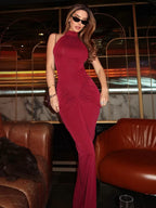Ribbed Knit Halter Neck Ruched Hip High Split Maxi Dress