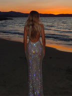 All Over Sequin Spaghetti Strap Scoop Neck Mermaid Maxi Gown