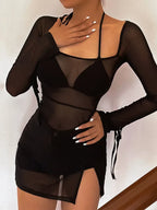 Sheer Mesh Long Sleeve Square Neck High Slit Mini Dress