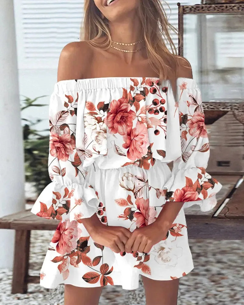 Off Shoulder Floral Print Bell Sleeve Elastic Waist Ruffle Cuff Mini Dress