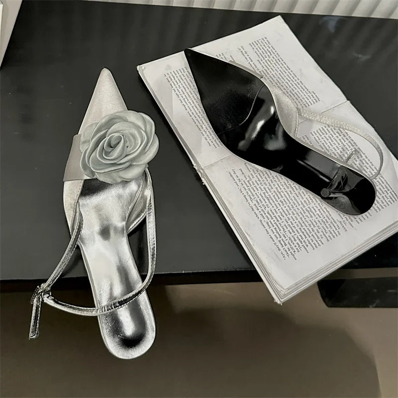 Thin High Heels Buckle Strap Women Pumps with Sexy Flower Pointed Toe Mules